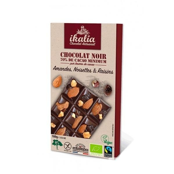 Ikalia - Chocolat noir 70% - amandes, noisettes et raisins (100g)